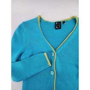 Thyme Womens Blue Knit Cardigan‎ Sweater Green Trim Flower Buttons Small